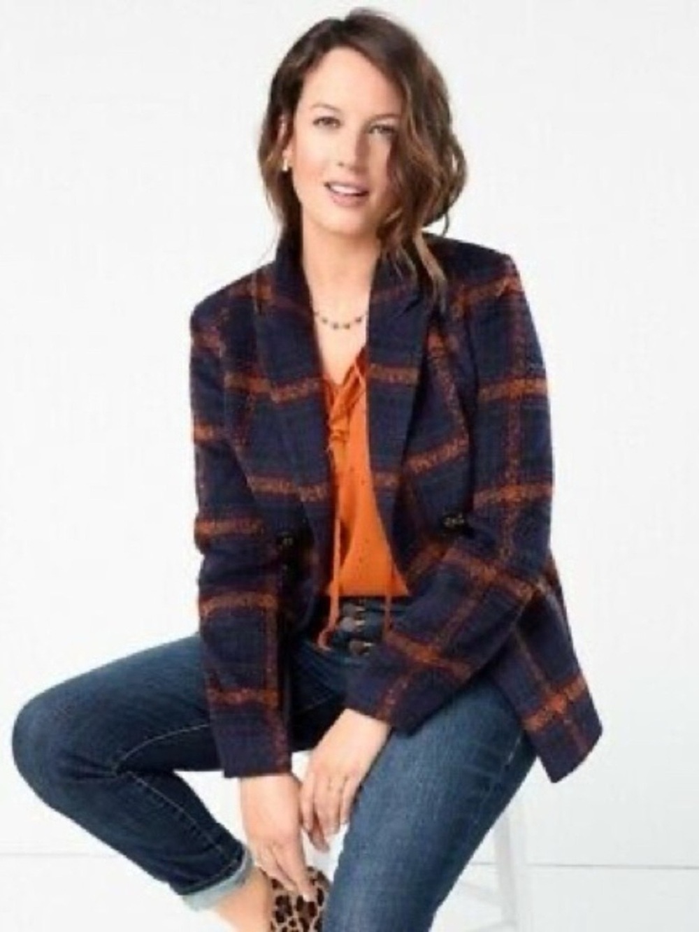 CABI Checkmate Size M Jacket Wool Blue Orange Plaid Double Breasted Blazer